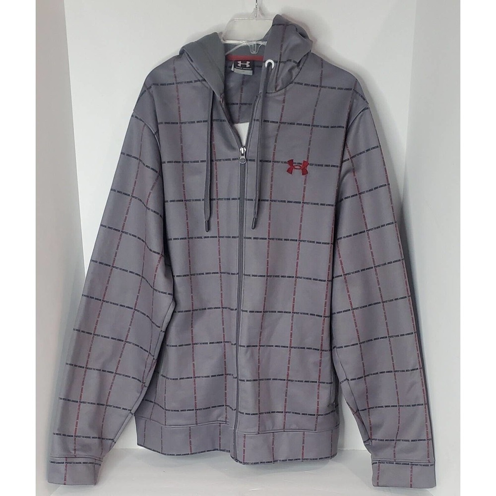 Men's Under Armour Gray Red Checkered Zip Up Hoodie Size Large